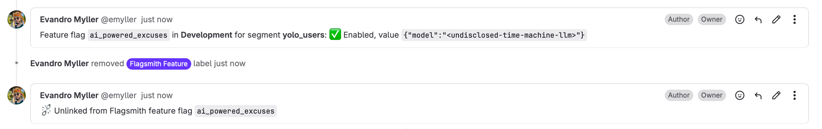 GitLab activity showing a state-change comment, the Flagsmith Feature label being removed, and an unlink comment